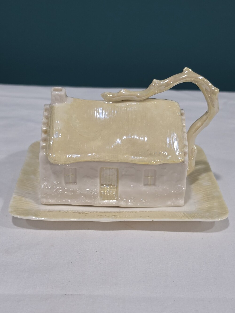 Vintage Belleek Irish Cottage Butter Cheese Dish 6th Green Mark